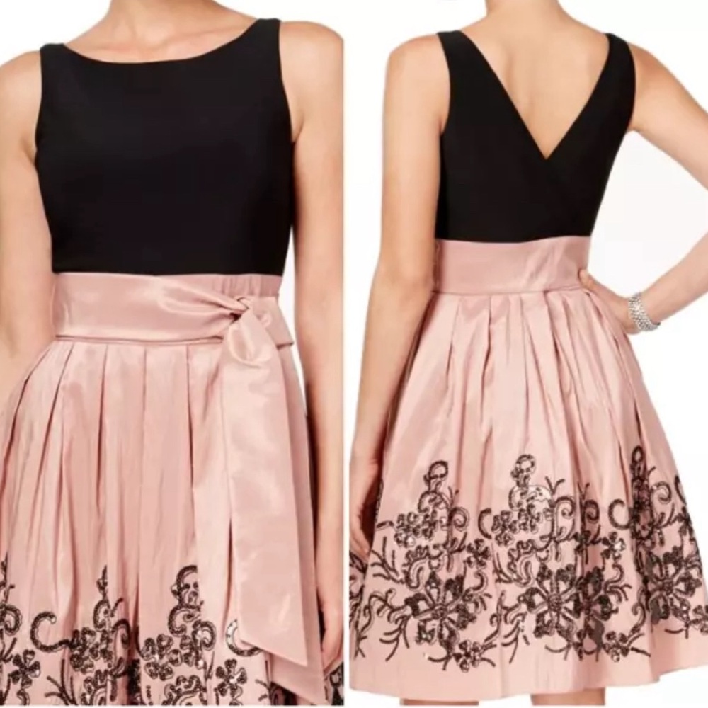 SLNY Fashions Pink Black Contrast Sleeveless Wrap Pleat Dress Sequin Floral Sz M